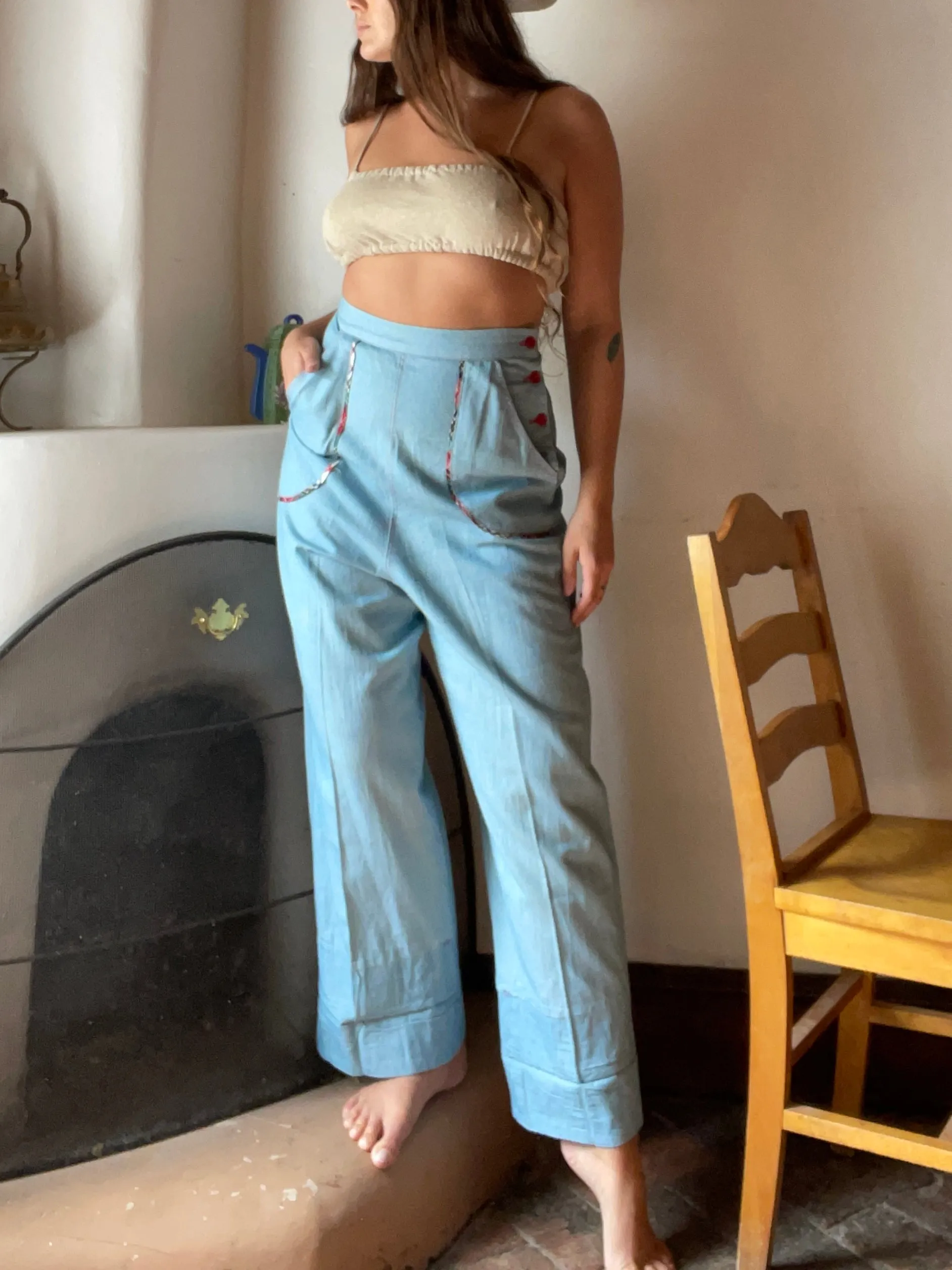 1940s Side Button Chambray Pants