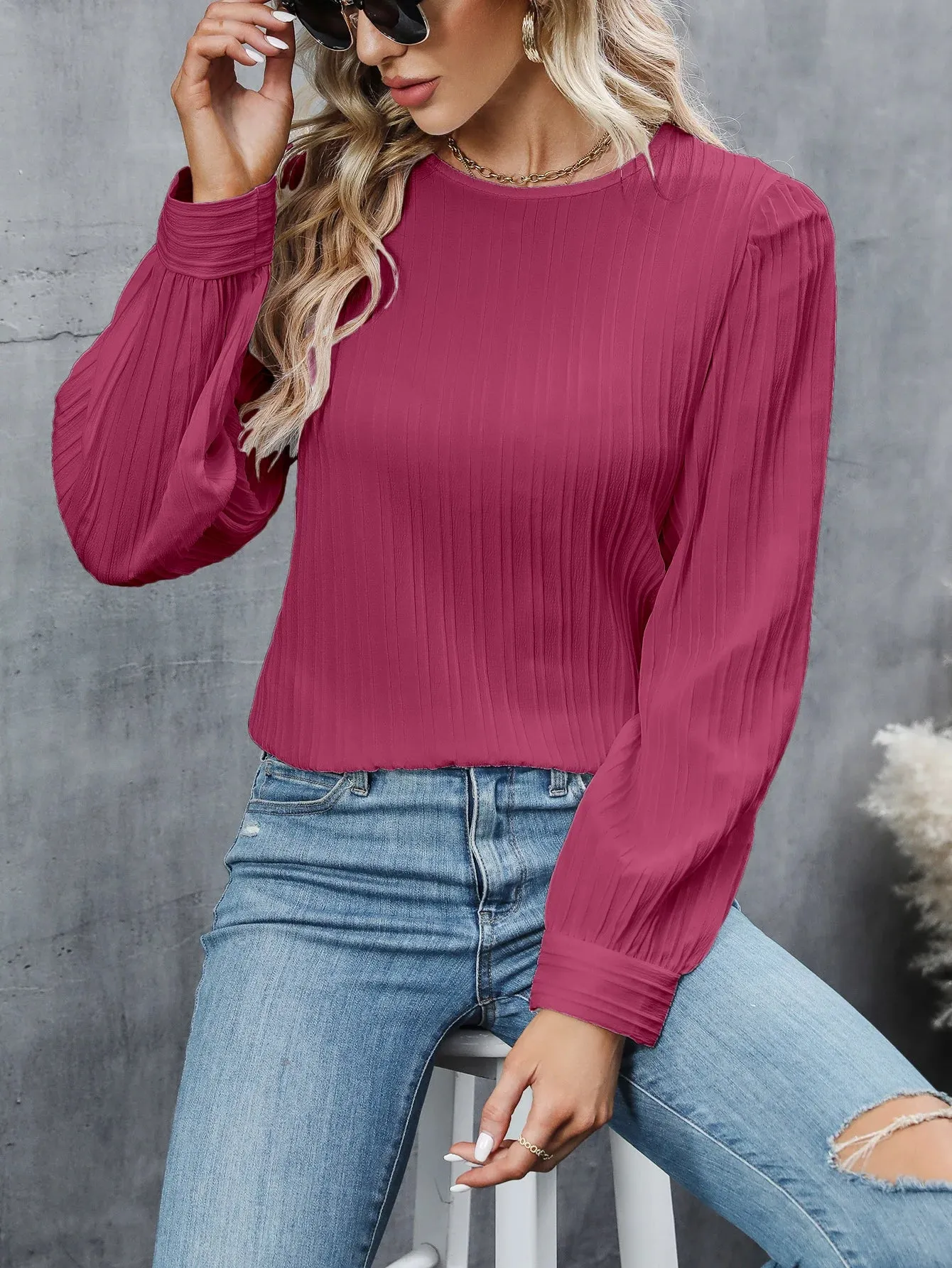 2023 Fall New Casual Solid Round Neck Long Sleeve Shirts White Women's Blouses
