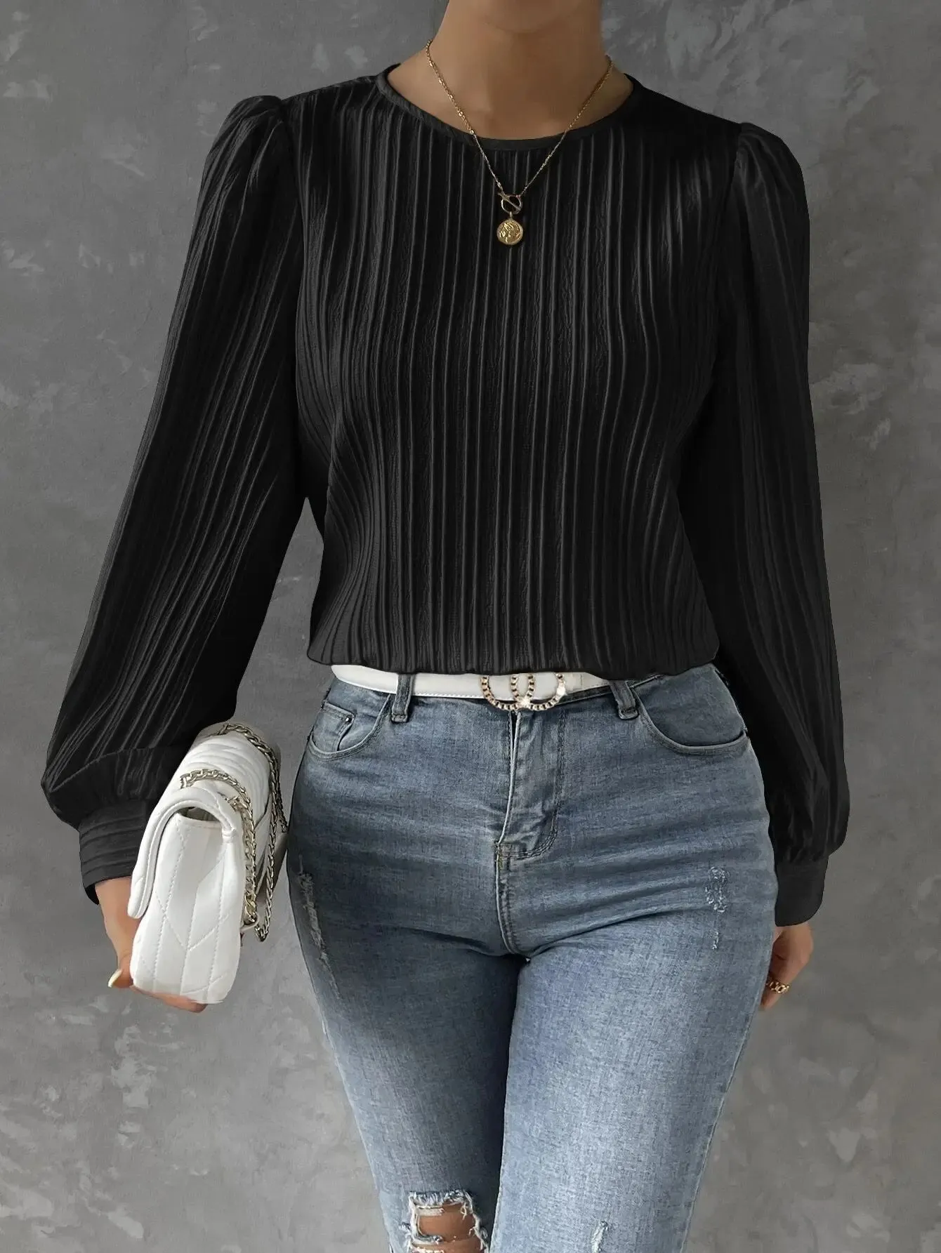 2023 Fall New Casual Solid Round Neck Long Sleeve Shirts White Women's Blouses