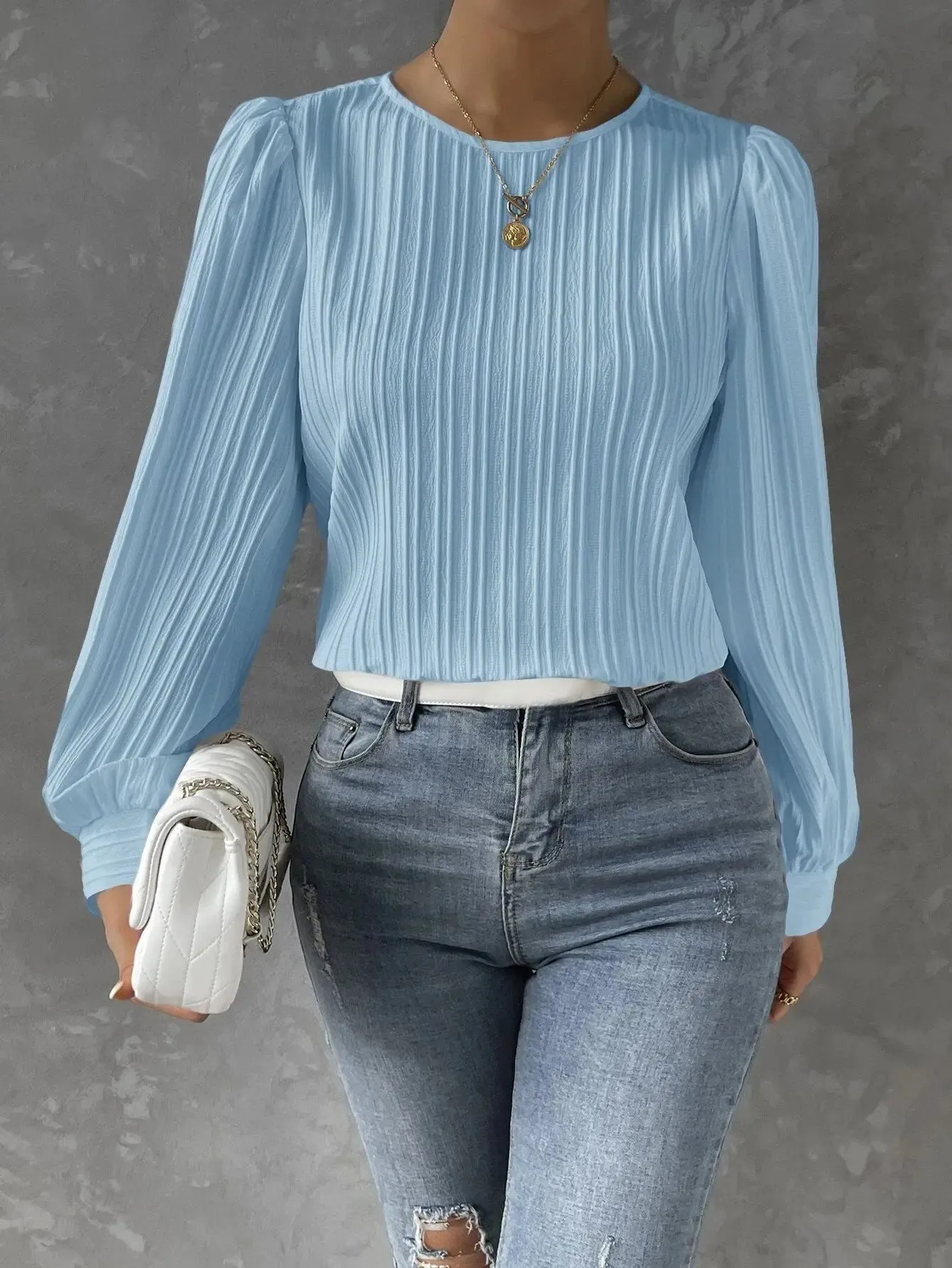 2023 Fall New Casual Solid Round Neck Long Sleeve Shirts White Women's Blouses