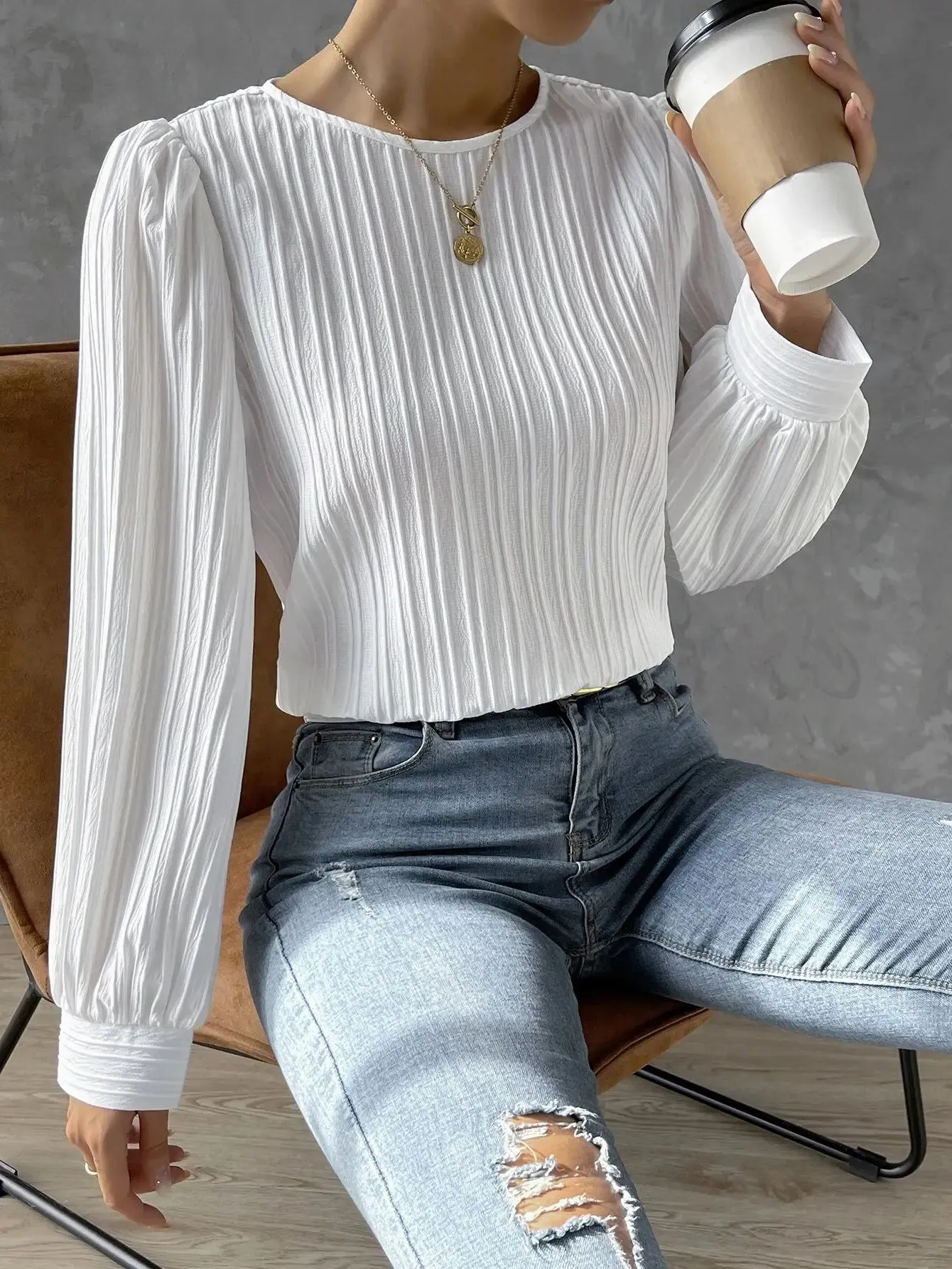 2023 Fall New Casual Solid Round Neck Long Sleeve Shirts White Women's Blouses
