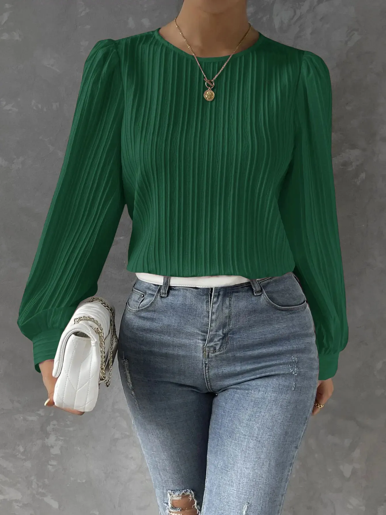 2023 Fall New Casual Solid Round Neck Long Sleeve Shirts White Women's Blouses