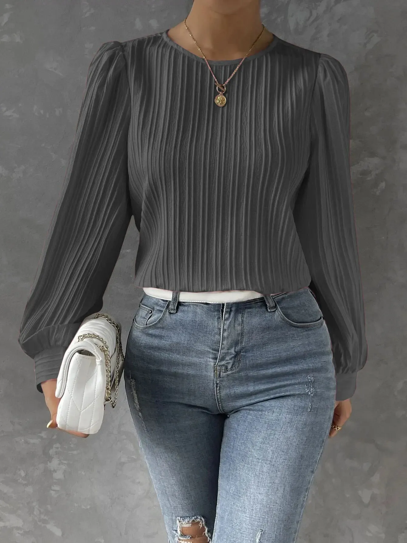 2023 Fall New Casual Solid Round Neck Long Sleeve Shirts White Women's Blouses
