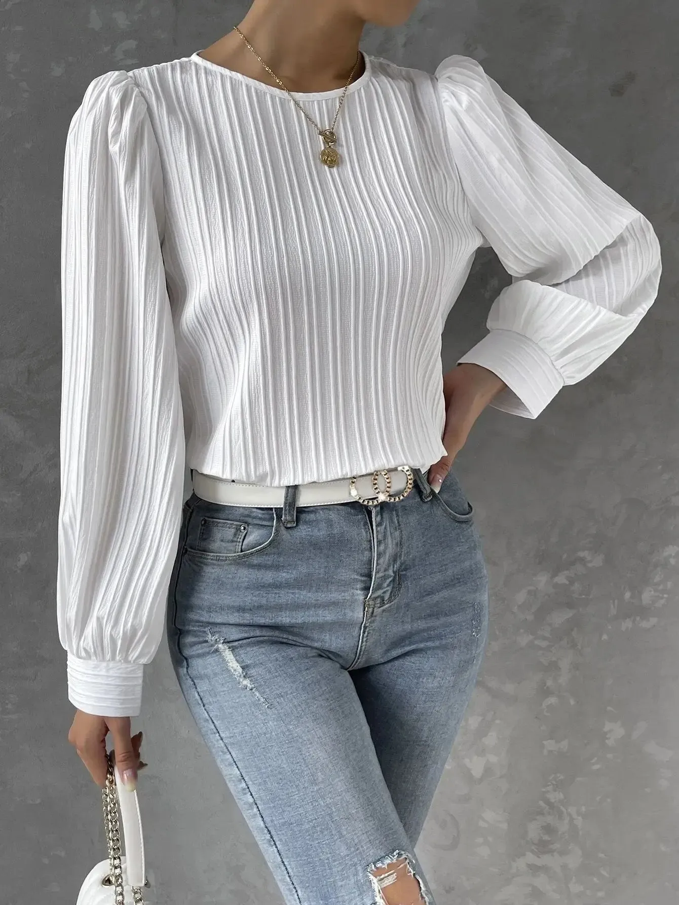 2023 Fall New Casual Solid Round Neck Long Sleeve Shirts White Women's Blouses