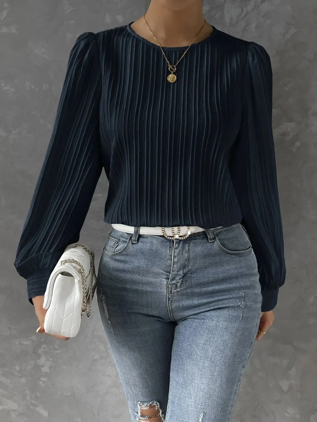 2023 Fall New Casual Solid Round Neck Long Sleeve Shirts White Women's Blouses