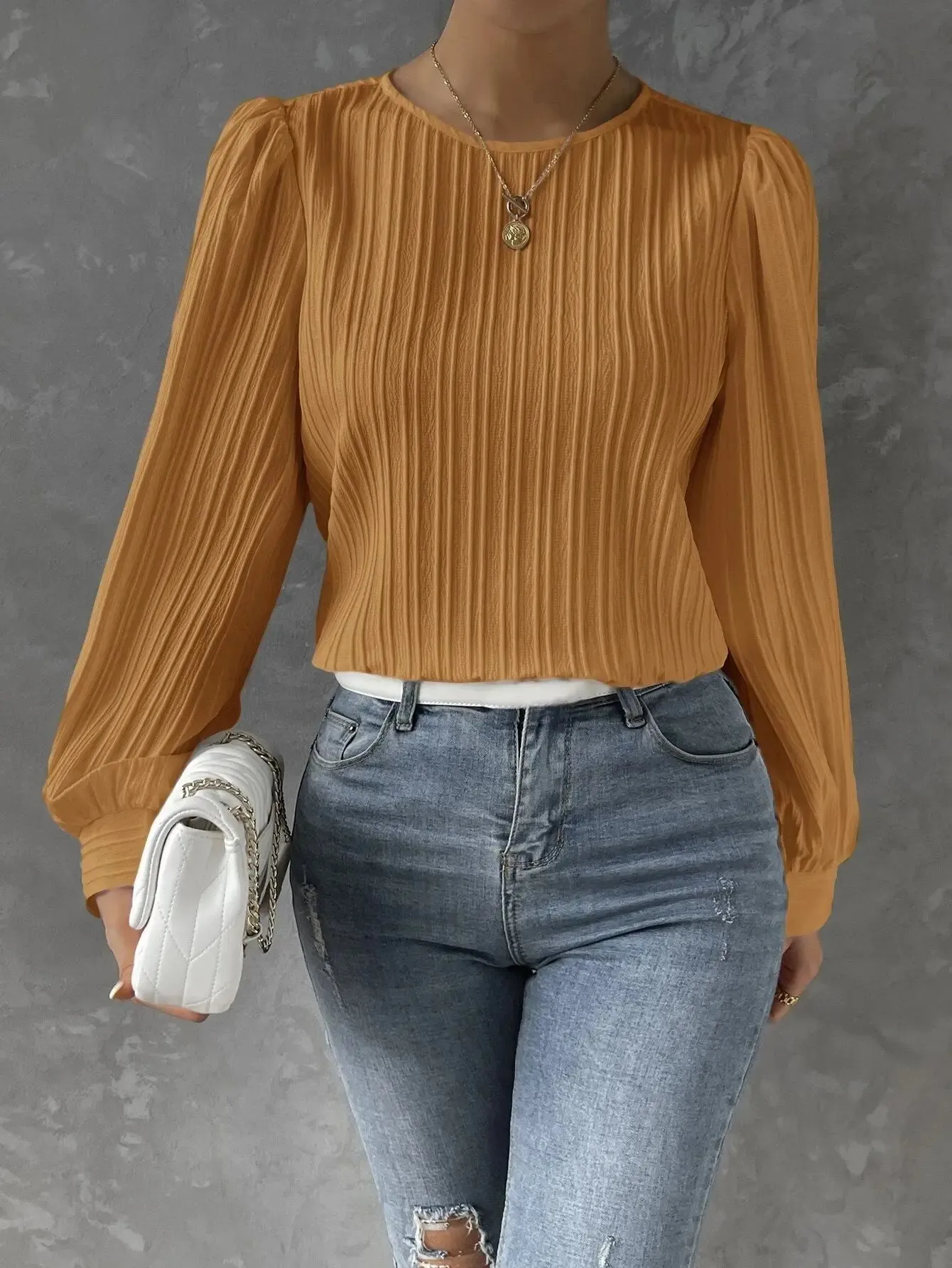 2023 Fall New Casual Solid Round Neck Long Sleeve Shirts White Women's Blouses