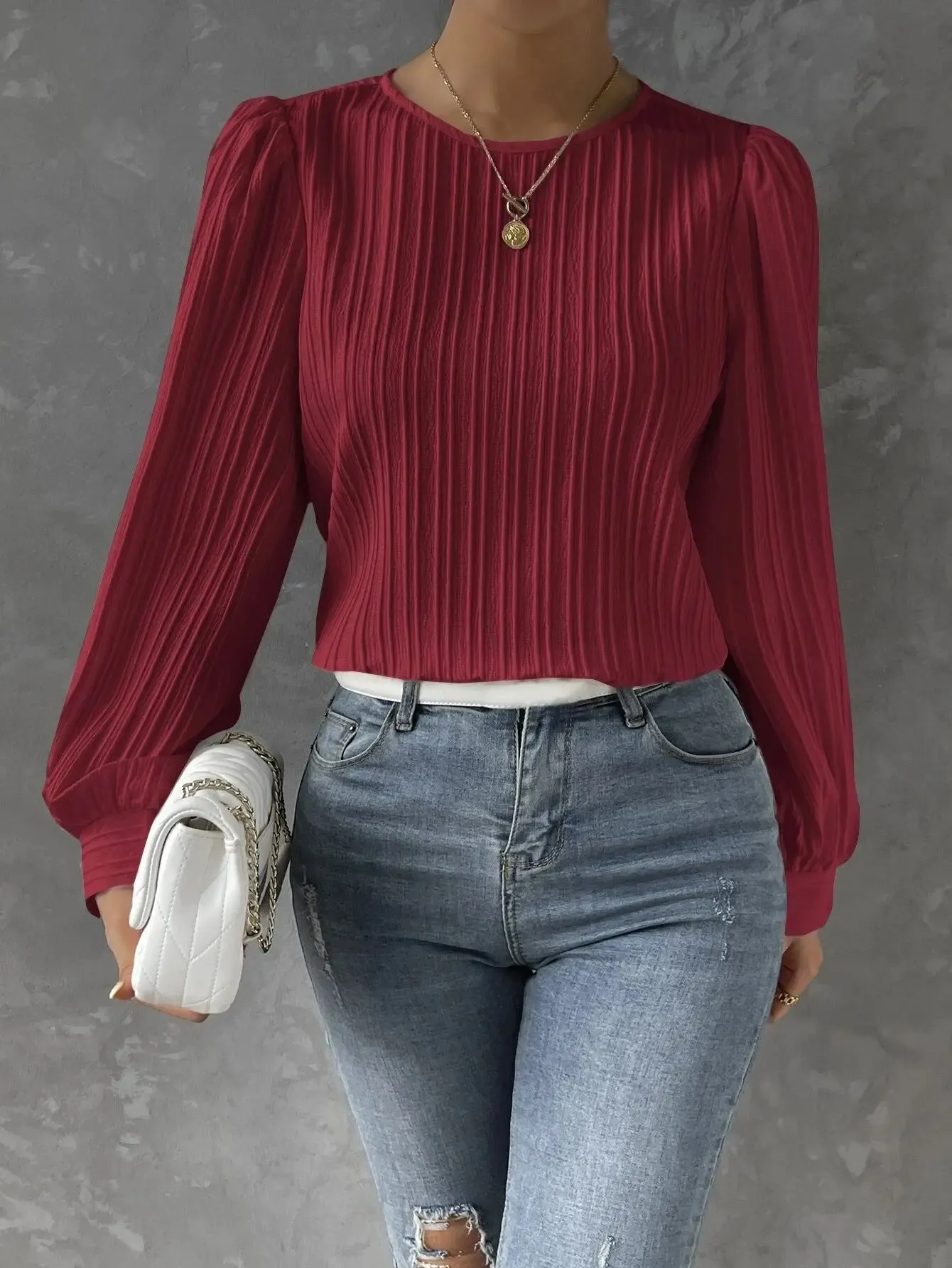 2023 Fall New Casual Solid Round Neck Long Sleeve Shirts White Women's Blouses