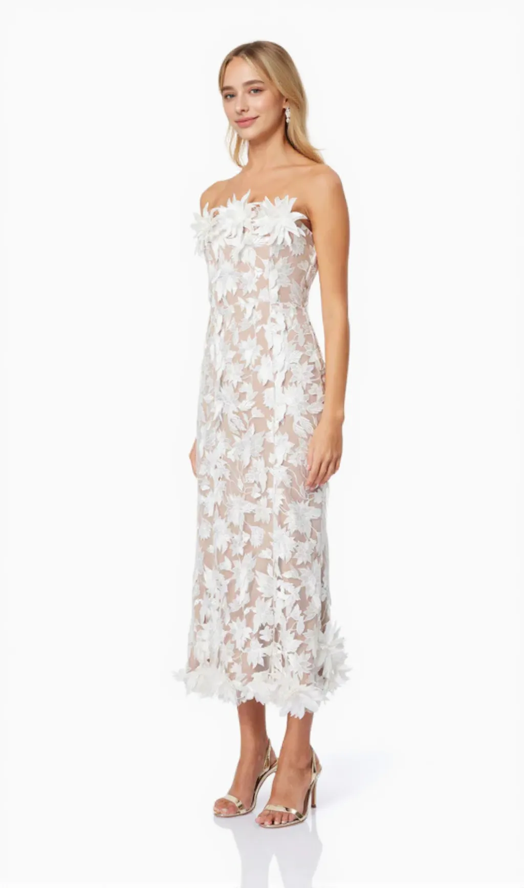3D flower embroidery strapless midi dress in beige