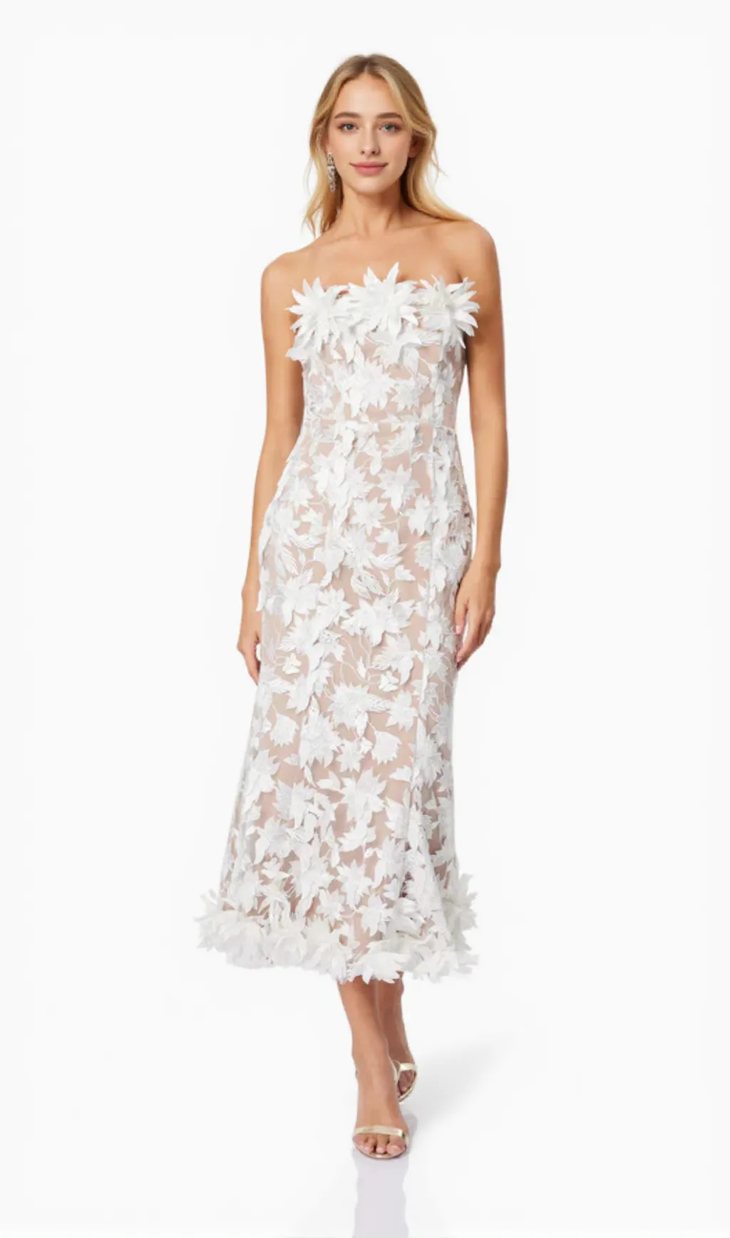3D flower embroidery strapless midi dress in beige