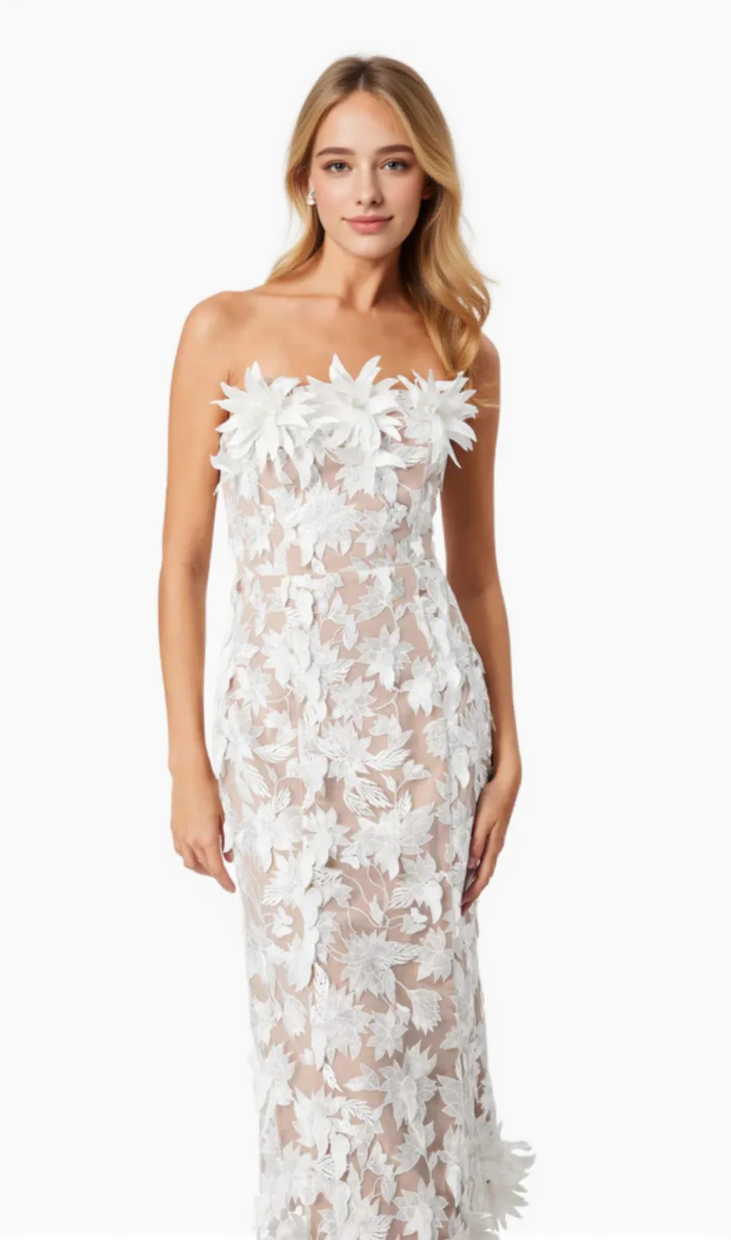 3D flower embroidery strapless midi dress in beige