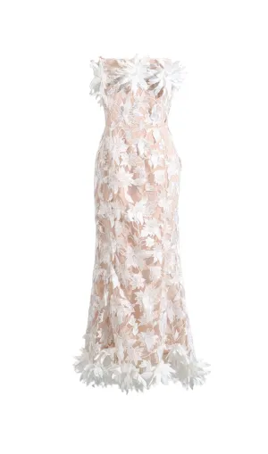 3D flower embroidery strapless midi dress in beige