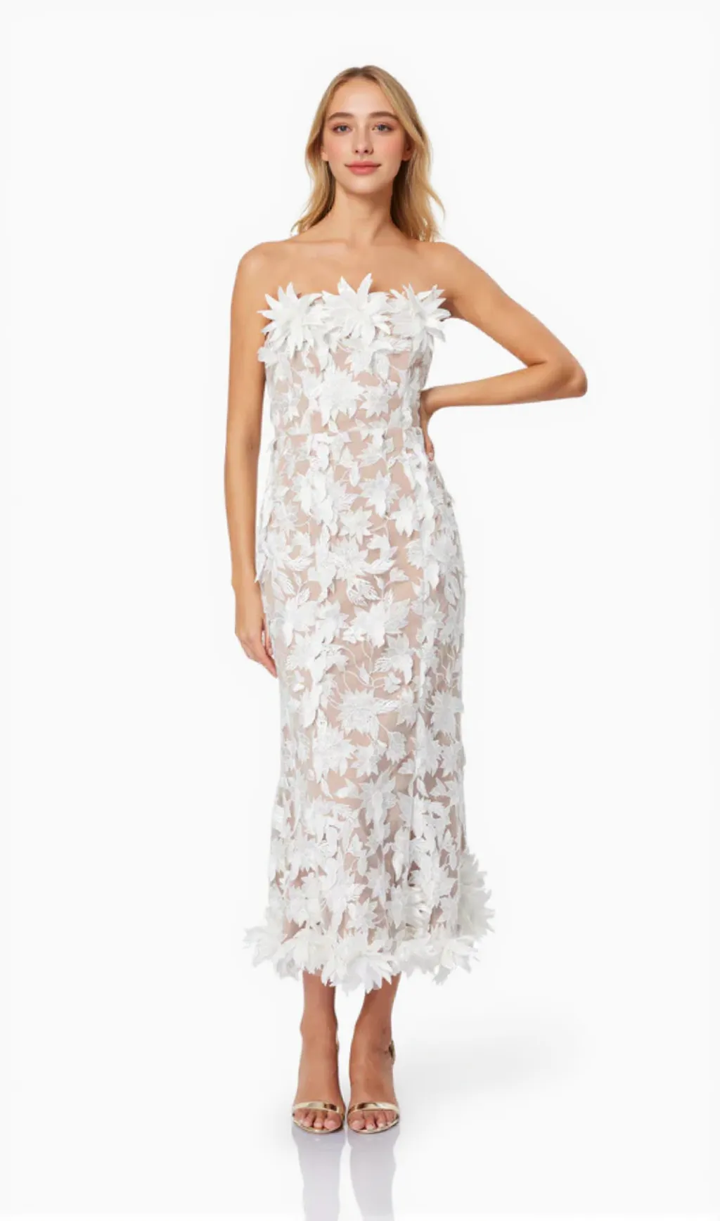 3D flower embroidery strapless midi dress in beige
