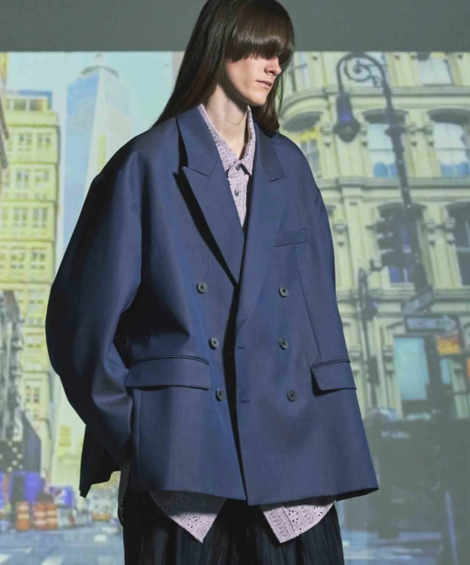 4 Colors Chambray Washable Wool Prime-Over Peaked Lapel Double Breasted Jacket