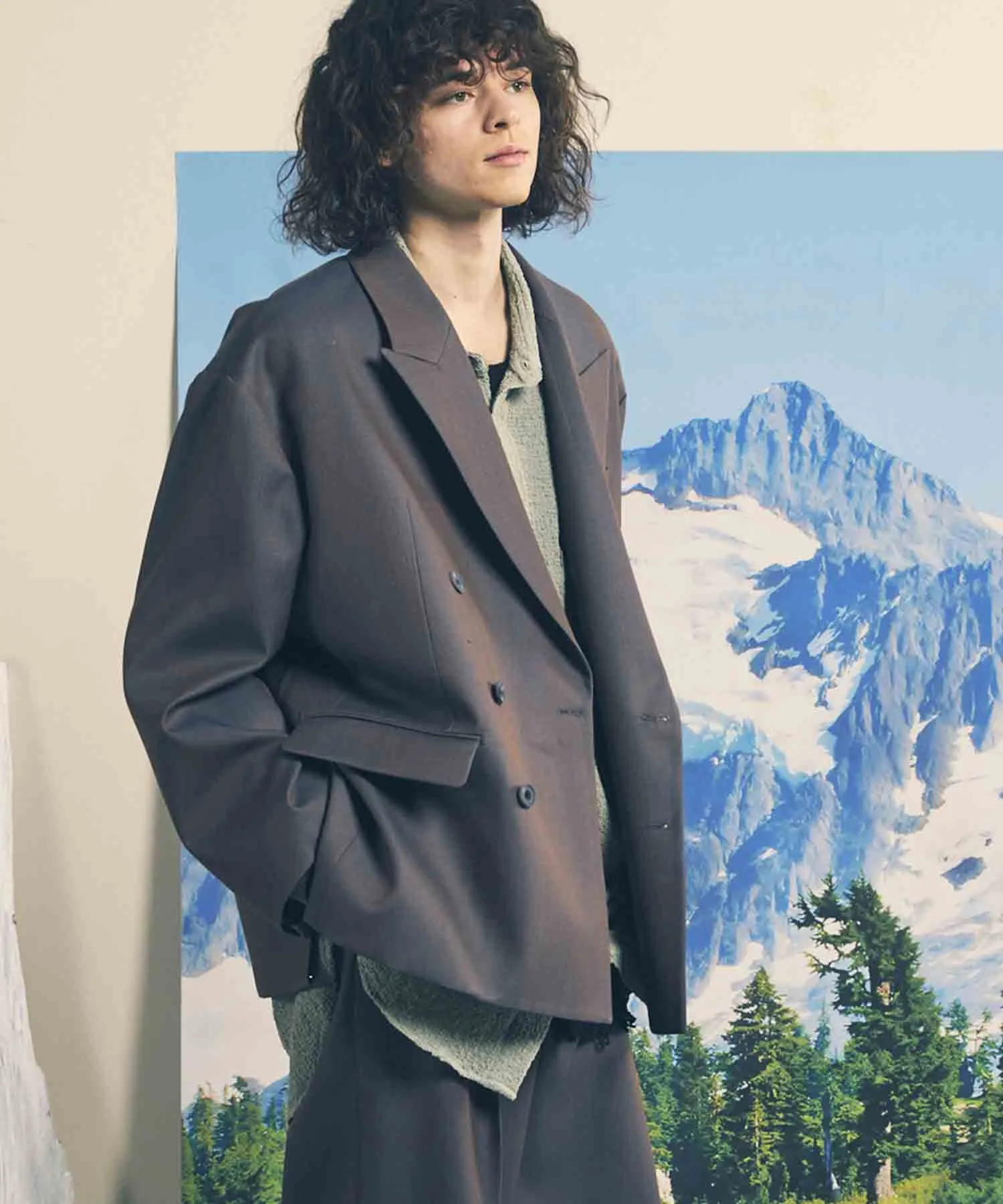 4 Colors Chambray Washable Wool Prime-Over Peaked Lapel Double Breasted Jacket