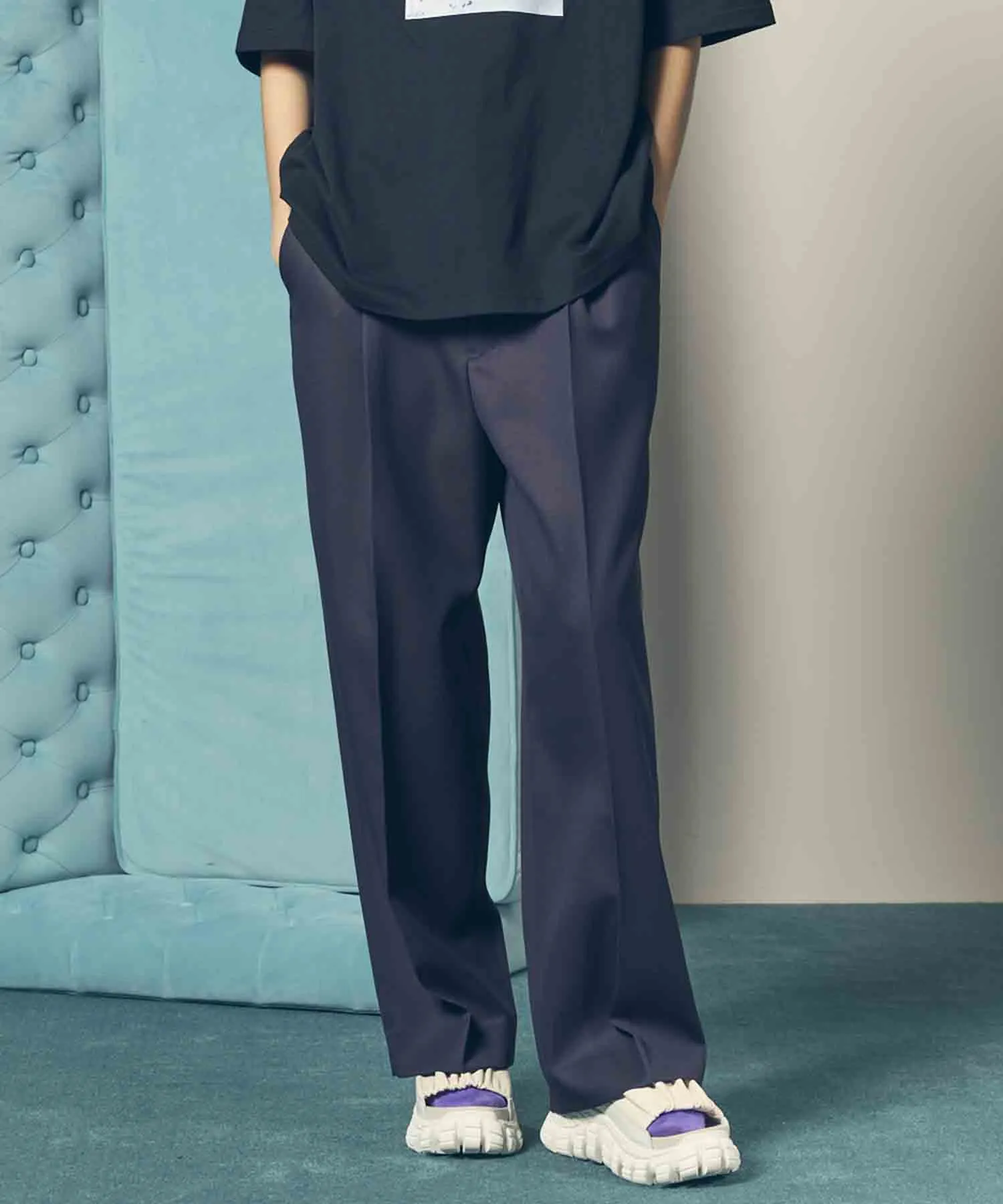 4 Colors Chambray Washable Wool Prime-Wide One Tuck Wide Pants