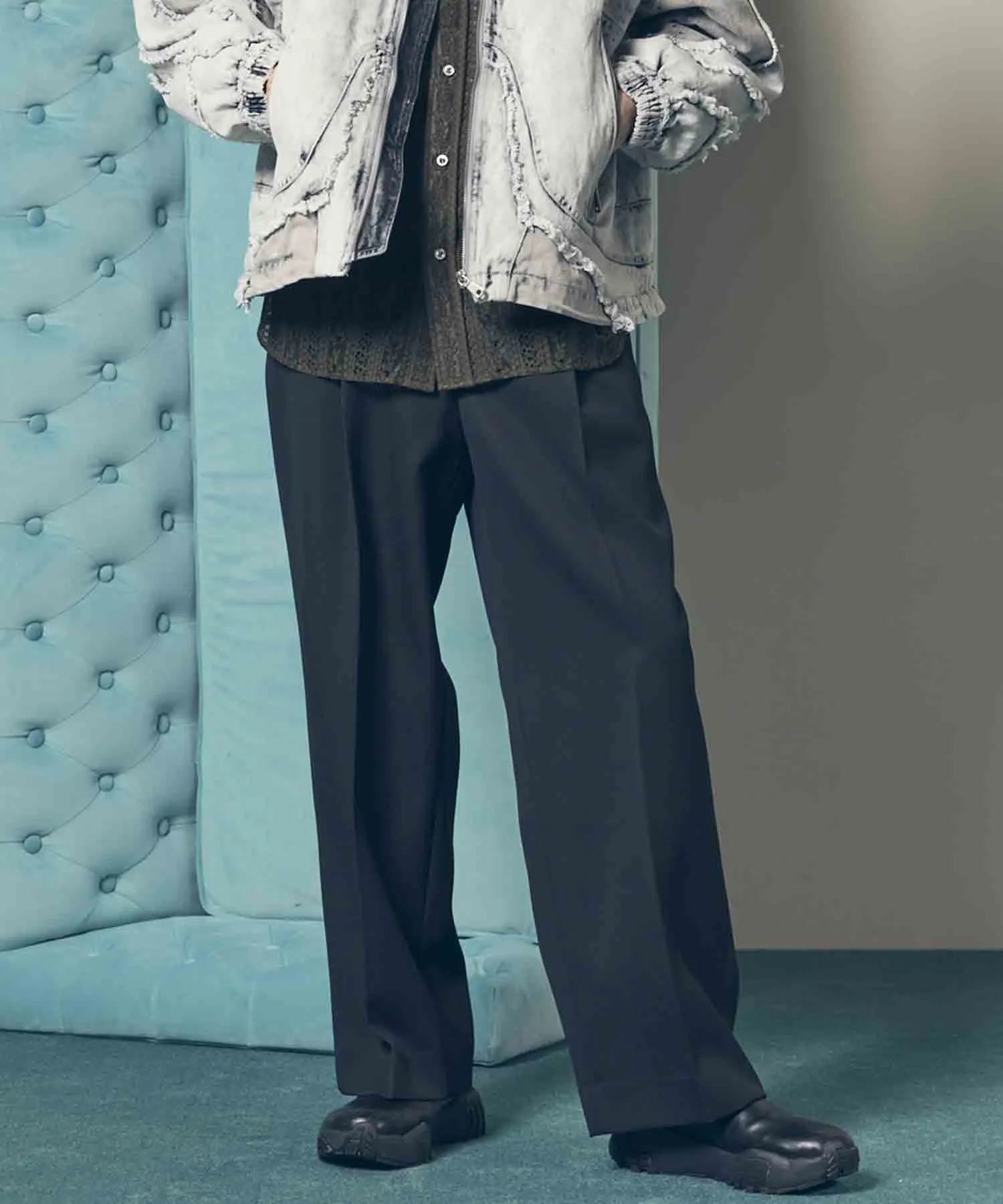 4 Colors Chambray Washable Wool Prime-Wide One Tuck Wide Pants