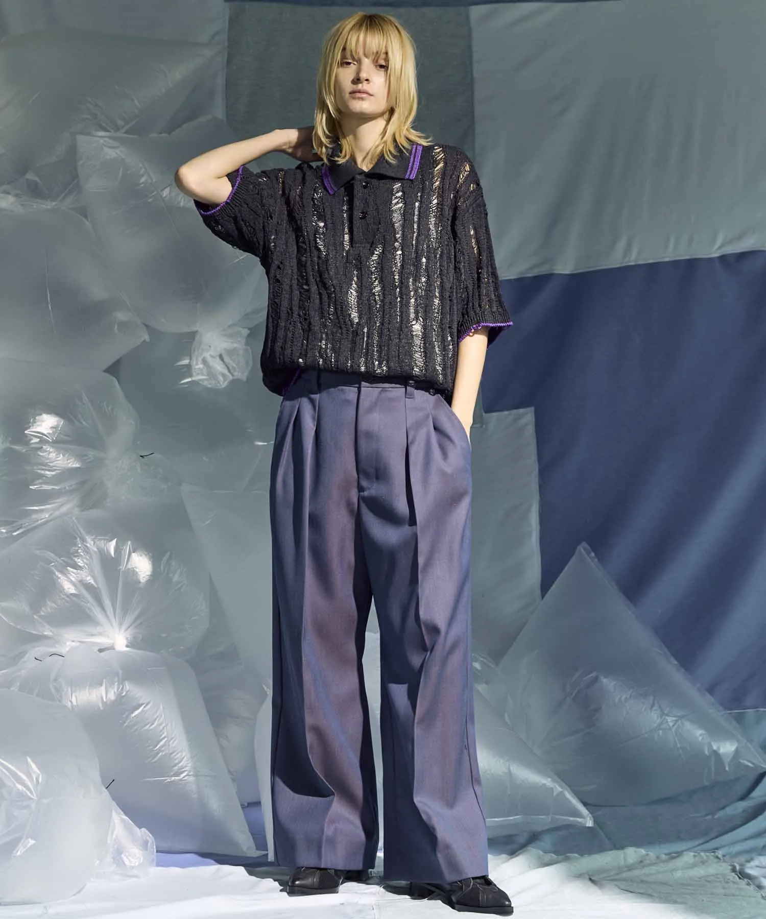 4 Colors Chambray Washable Wool Prime-Wide Two Tuck Wide Pants