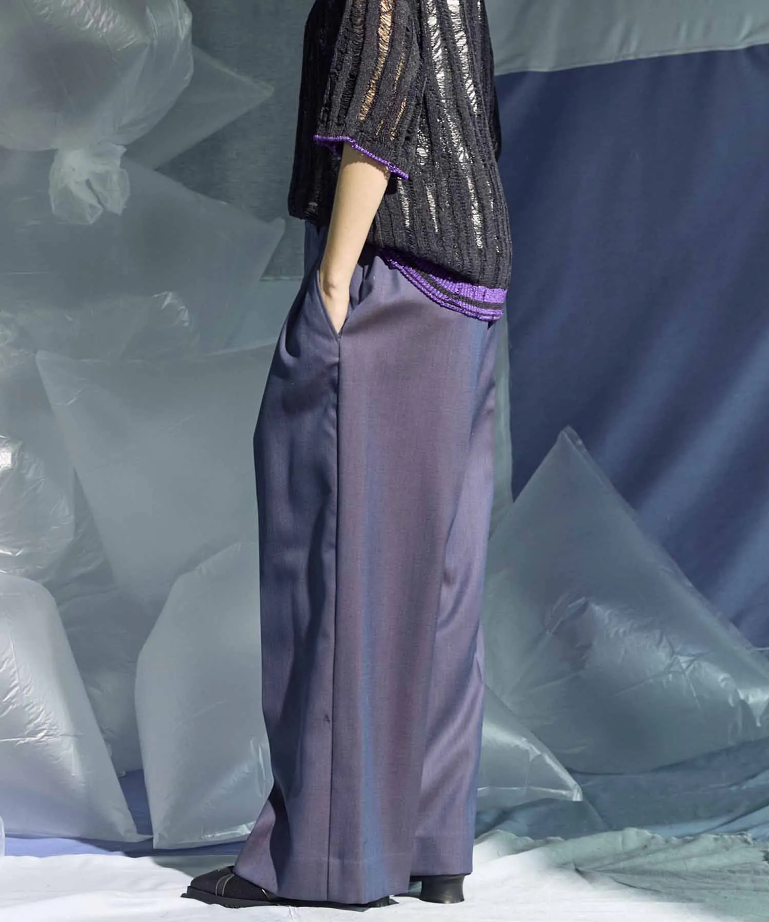 4 Colors Chambray Washable Wool Prime-Wide Two Tuck Wide Pants