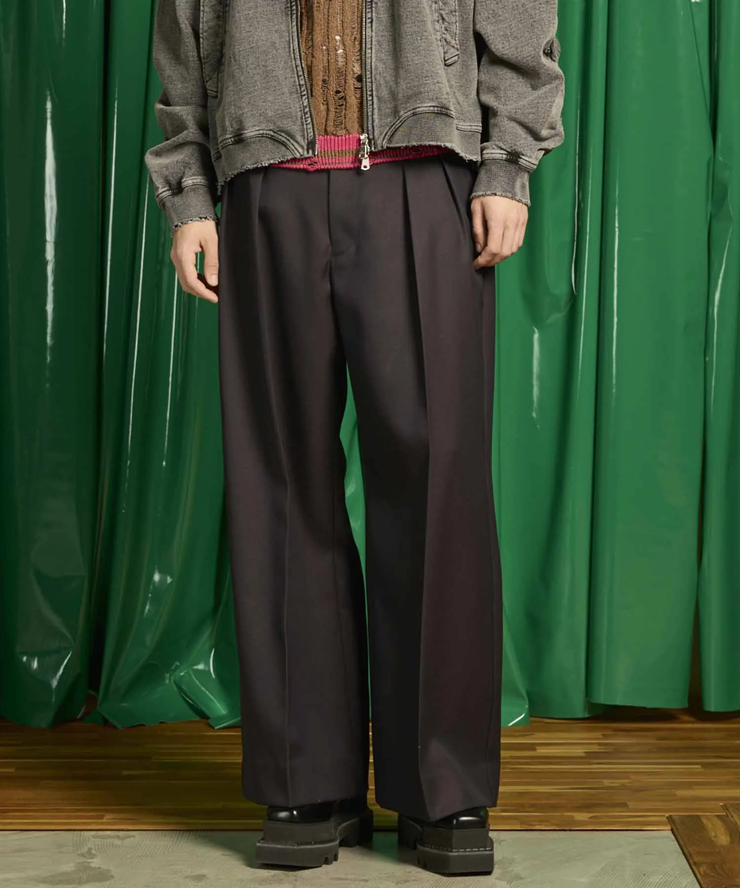4 Colors Chambray Washable Wool Prime-Wide Two Tuck Wide Pants
