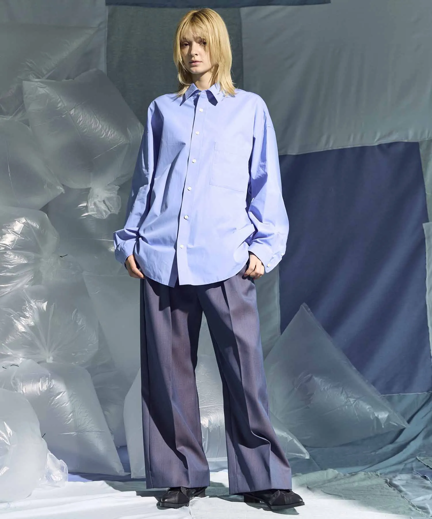 4 Colors Chambray Washable Wool Prime-Wide Two Tuck Wide Pants