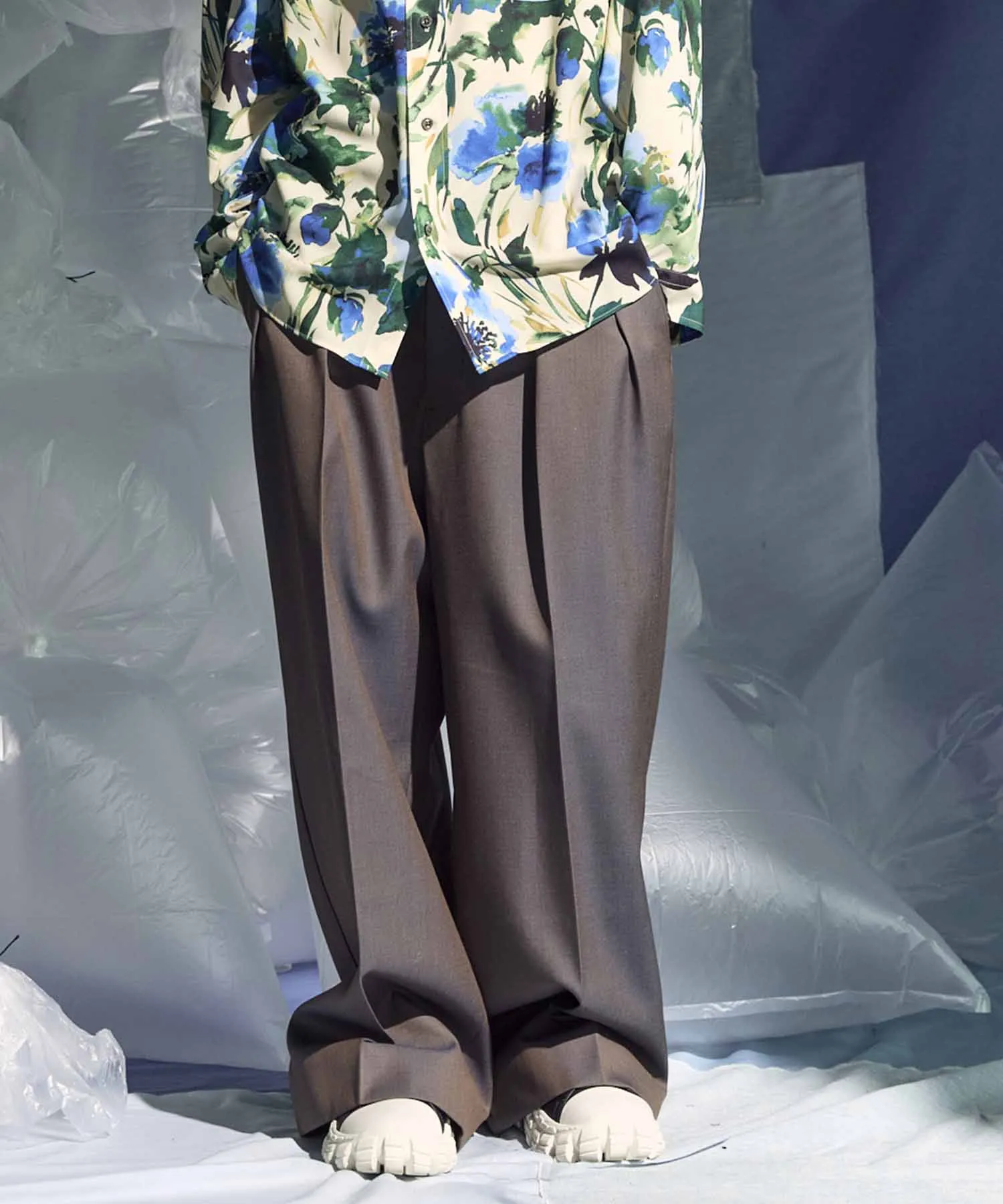 4 Colors Chambray Washable Wool Prime-Wide Two Tuck Wide Pants