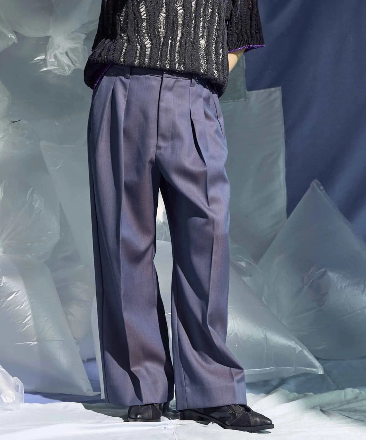 4 Colors Chambray Washable Wool Prime-Wide Two Tuck Wide Pants