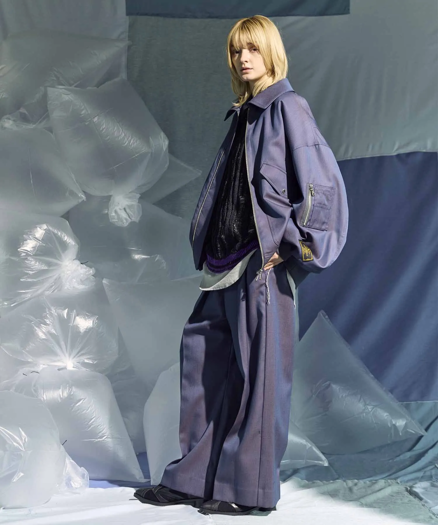 4 Colors Chambray Washable Wool Prime-Wide Two Tuck Wide Pants