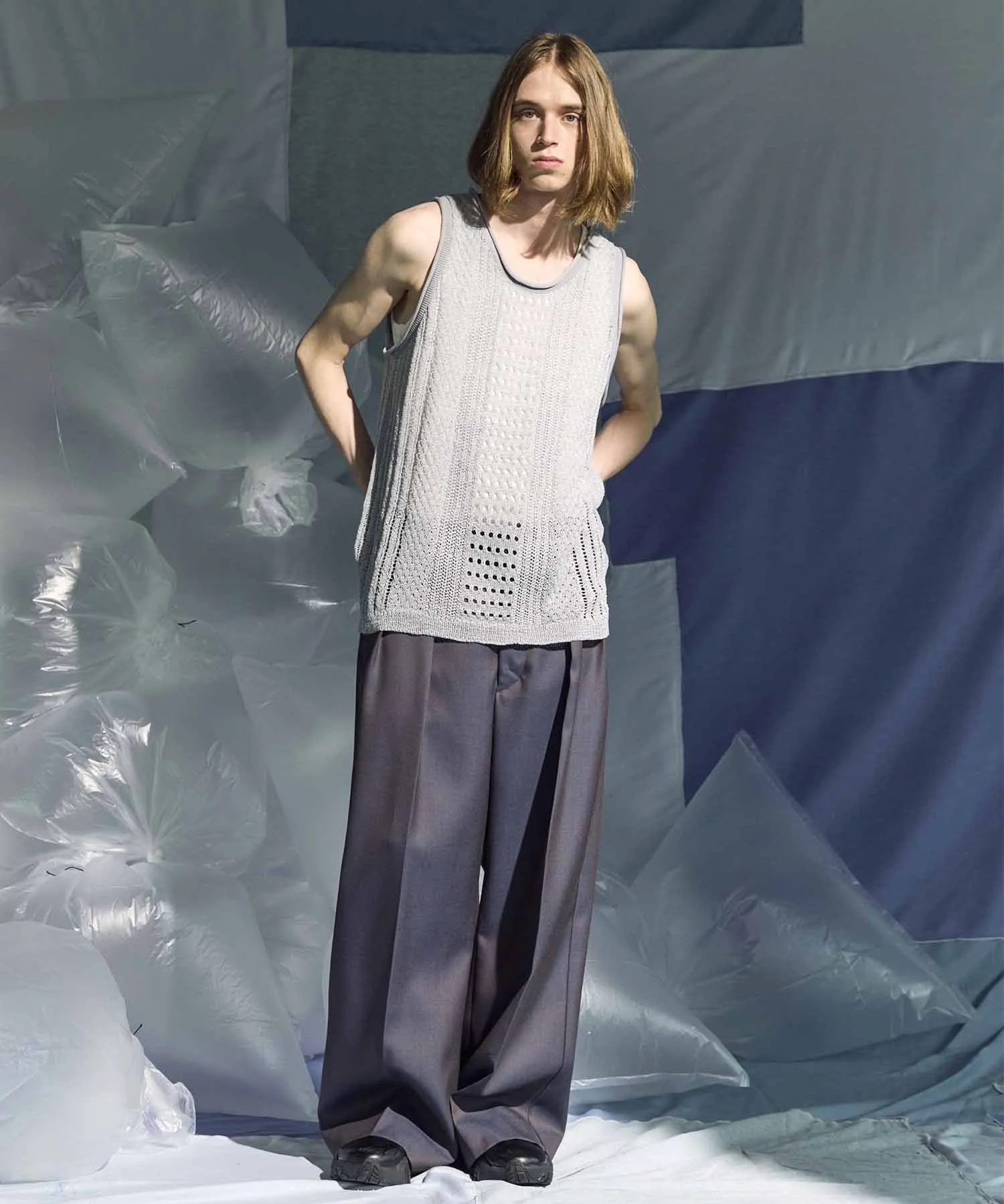 4 Colors Chambray Washable Wool Prime-Wide Two Tuck Wide Pants