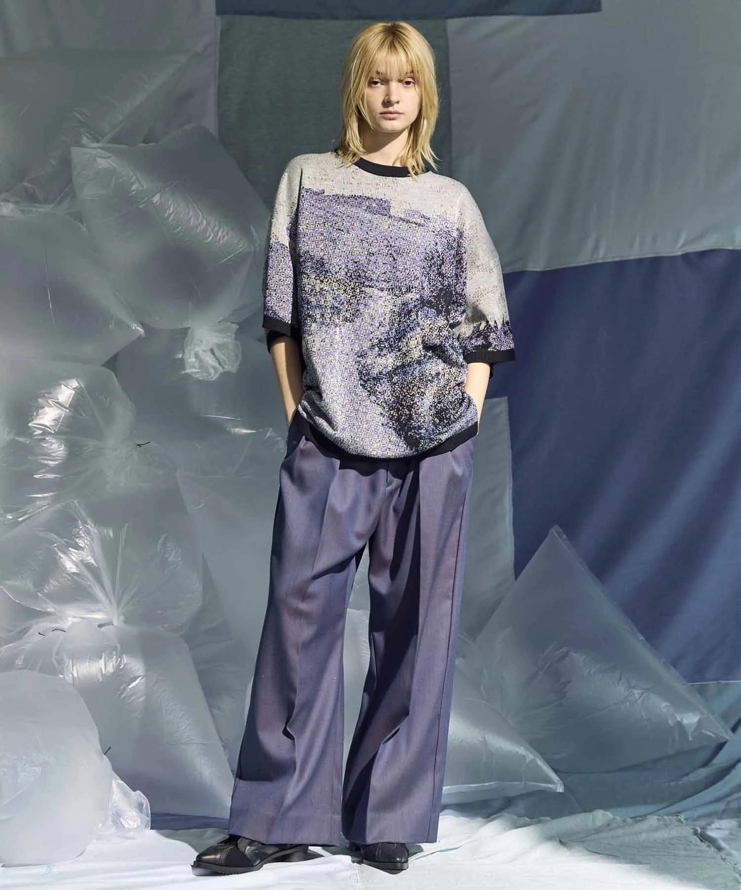 4 Colors Chambray Washable Wool Prime-Wide Two Tuck Wide Pants