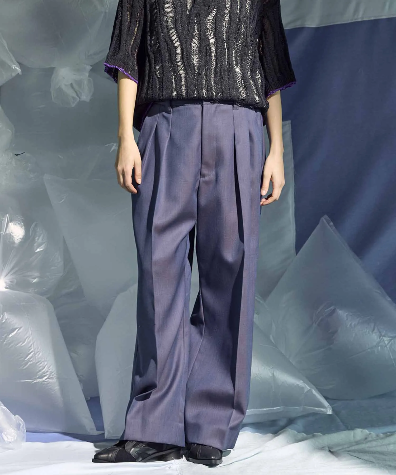 4 Colors Chambray Washable Wool Prime-Wide Two Tuck Wide Pants