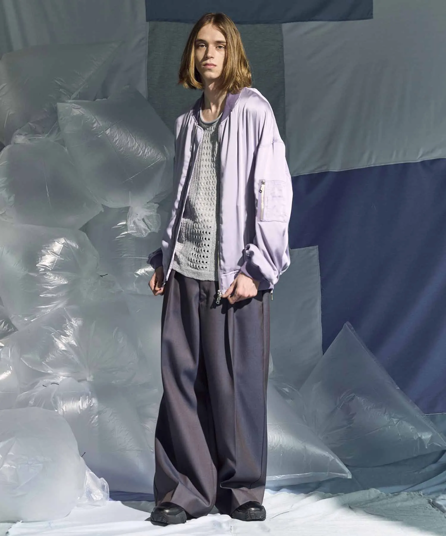 4 Colors Chambray Washable Wool Prime-Wide Two Tuck Wide Pants