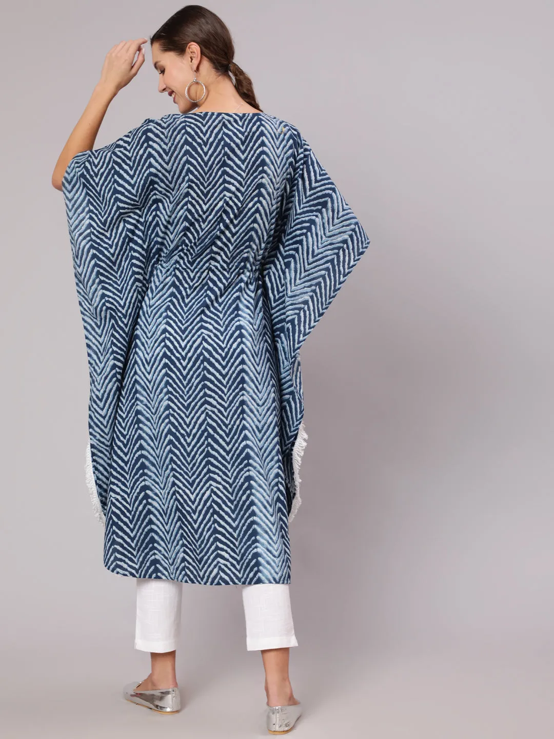 A Blue Color Cotton Pigment Zig-Zag Printed Kaftan With With Laced Embellishments Paired With Solid White Pants