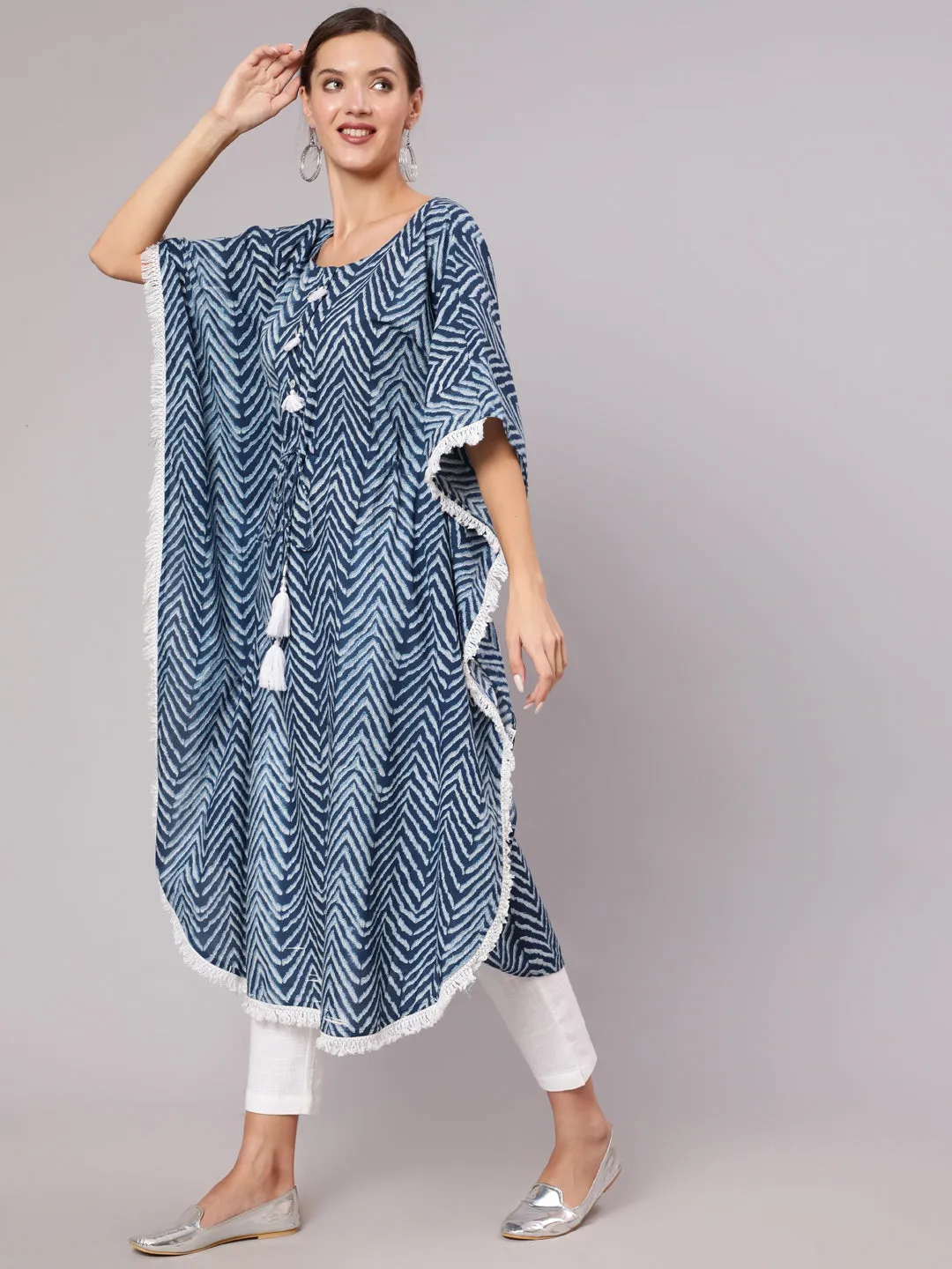 A Blue Color Cotton Pigment Zig-Zag Printed Kaftan With With Laced Embellishments Paired With Solid White Pants