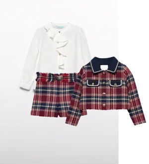 Abel & Lula 5679 Long Sleeve Blouse, 5712 Navy Plaid Shorts and 5831 Navy Plaid Jacket In Stock Now