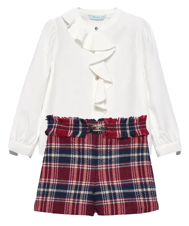 Abel & Lula 5679 Long Sleeve Blouse and 5712 Navy Plaid Shorts In Stock Now