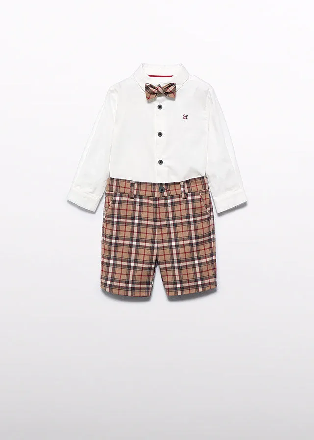 Abel & Lula 5701 Long Sleeve Shirt, Bow Tie, Camel Plaid Shorts and 5802 Red Jumper In Stock Now