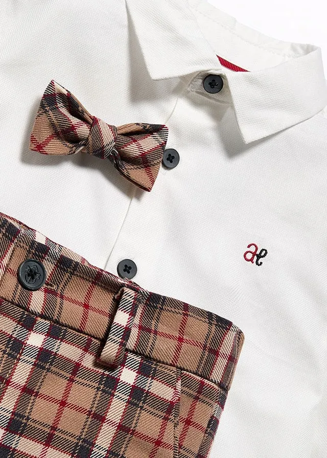 Abel & Lula 5701 Long Sleeve Shirt, Bow Tie, Camel Plaid Shorts and 5802 Red Jumper In Stock Now