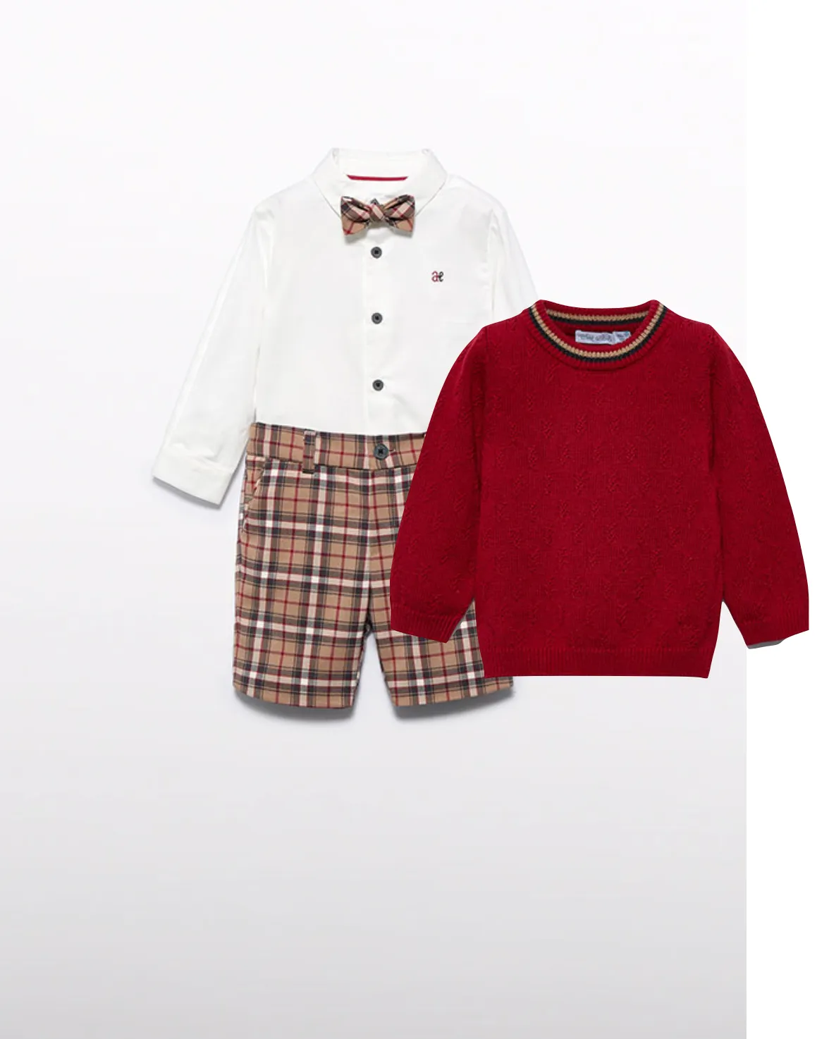 Abel & Lula 5701 Long Sleeve Shirt, Bow Tie, Camel Plaid Shorts and 5802 Red Jumper In Stock Now