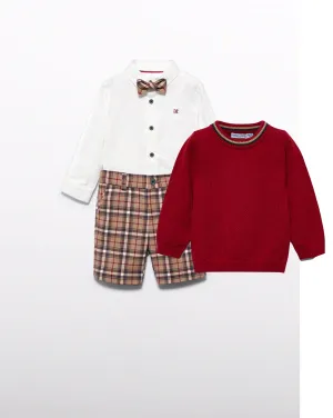 Abel & Lula 5701 Long Sleeve Shirt, Bow Tie, Camel Plaid Shorts and 5802 Red Jumper In Stock Now