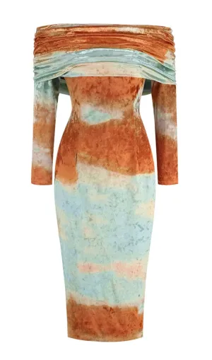 adelaide ruched velvet strapless midi dress in green brown