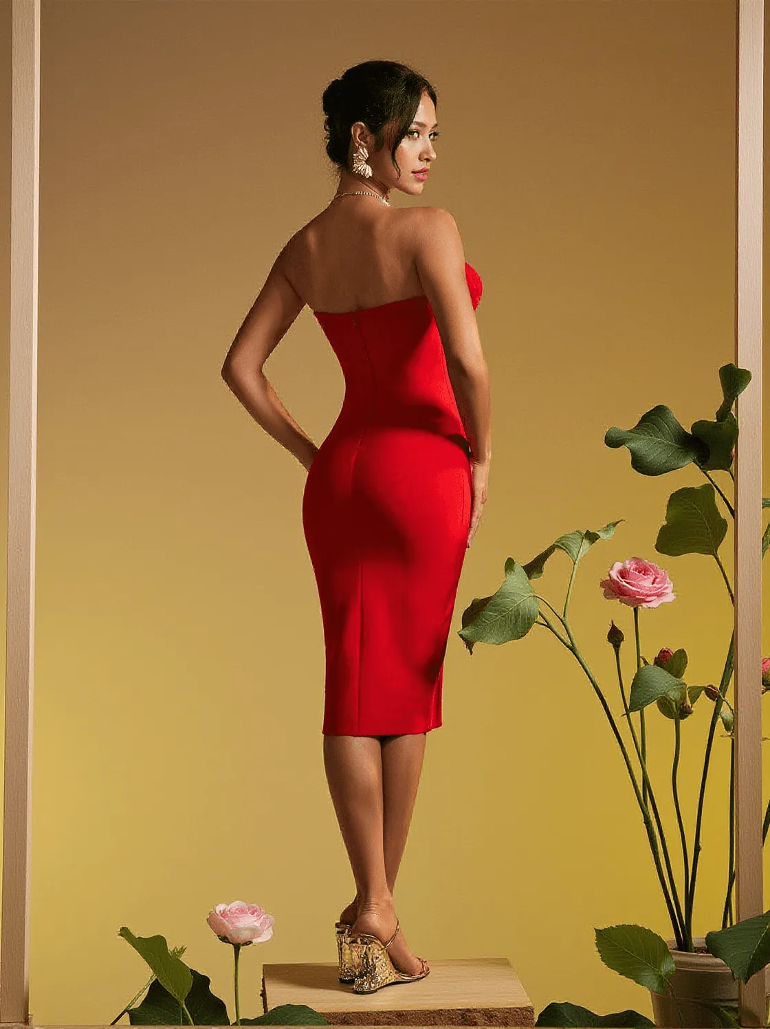 Adlai Strapless Flower Bandage Midi Dress