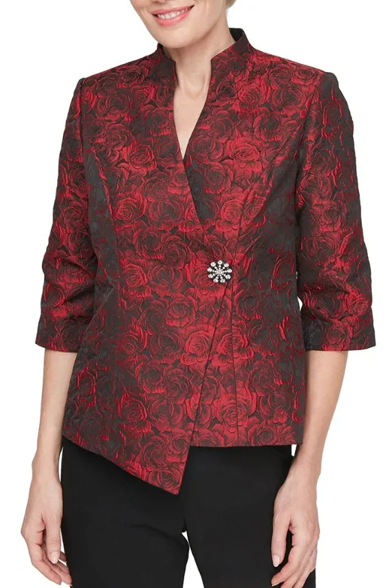 Alex Evenings 3/4 Sleeve Printed Jacquard Blouse with Asymmetric Hem & Decorative Closure
