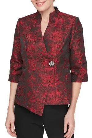Alex Evenings 3/4 Sleeve Printed Jacquard Blouse with Asymmetric Hem & Decorative Closure