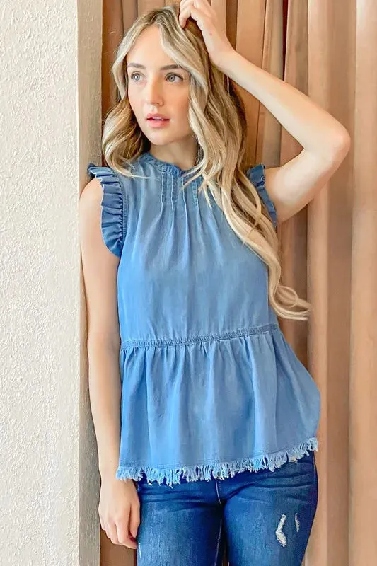 And The Why Chambray Ruffle Sleeveless Top