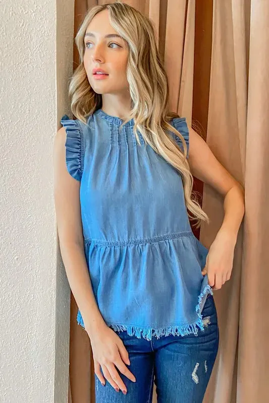 And The Why Chambray Ruffle Sleeveless Top
