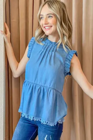 And The Why Chambray Ruffle Sleeveless Top