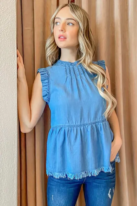 And The Why Chambray Ruffle Sleeveless Top