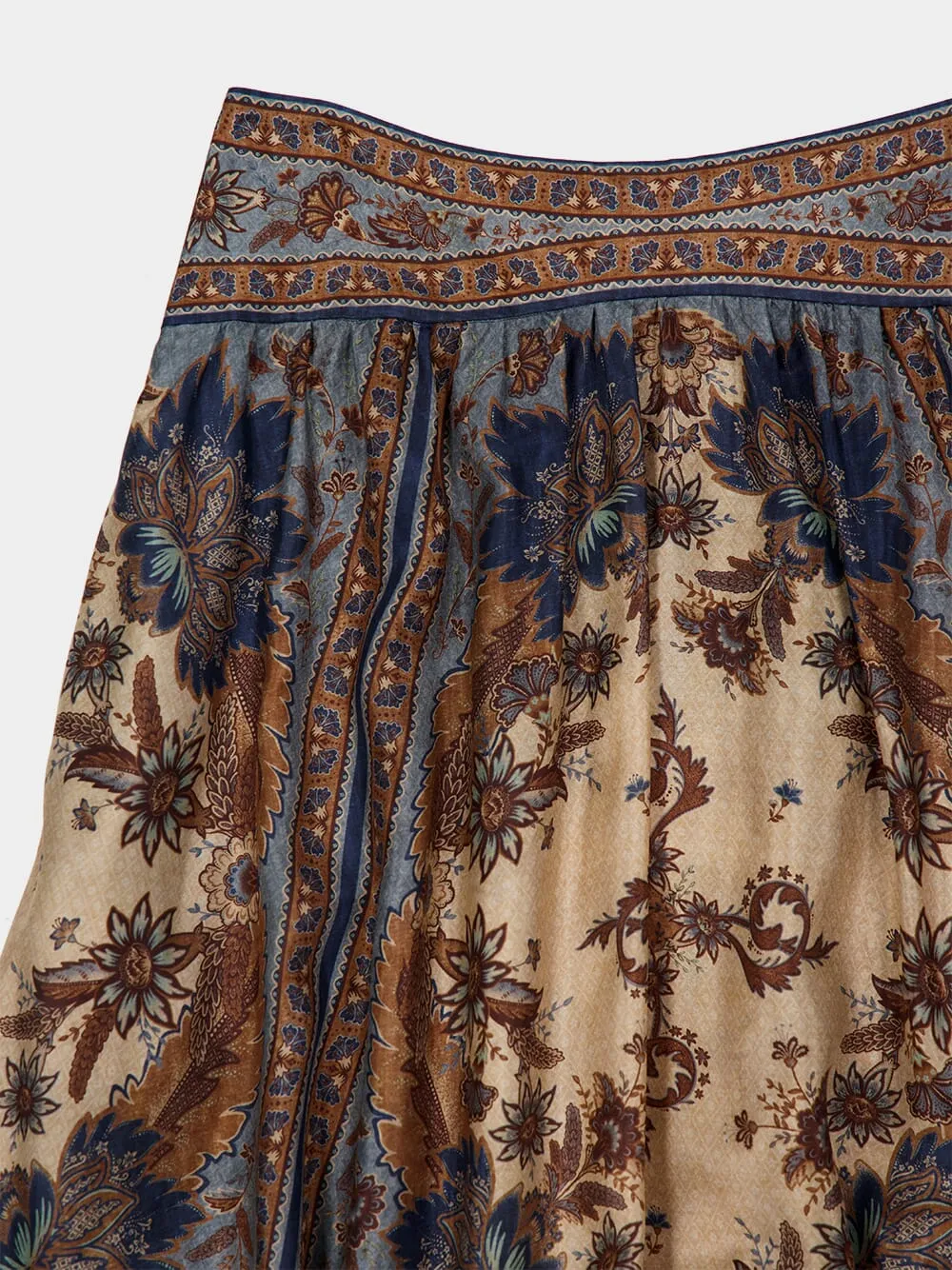 Ascension Blue Cream Indienne Floral Silk Midi Skirt