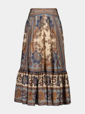 Ascension Blue Cream Indienne Floral Silk Midi Skirt