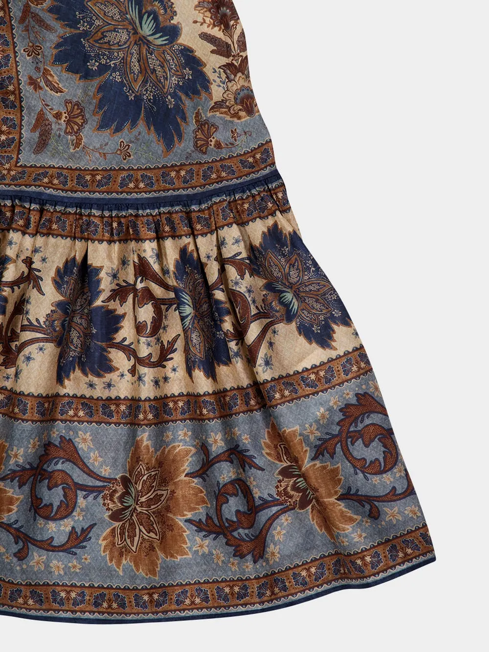 Ascension Blue Cream Indienne Floral Silk Midi Skirt